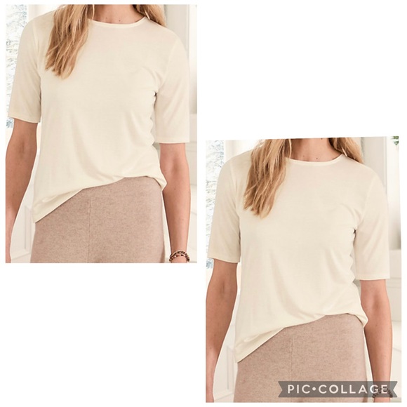 Garnet Hill Tops - GARNET HILL Women’s Ivory Organic Pima Cotton Essential Elbow Sleeve Tee Size M
